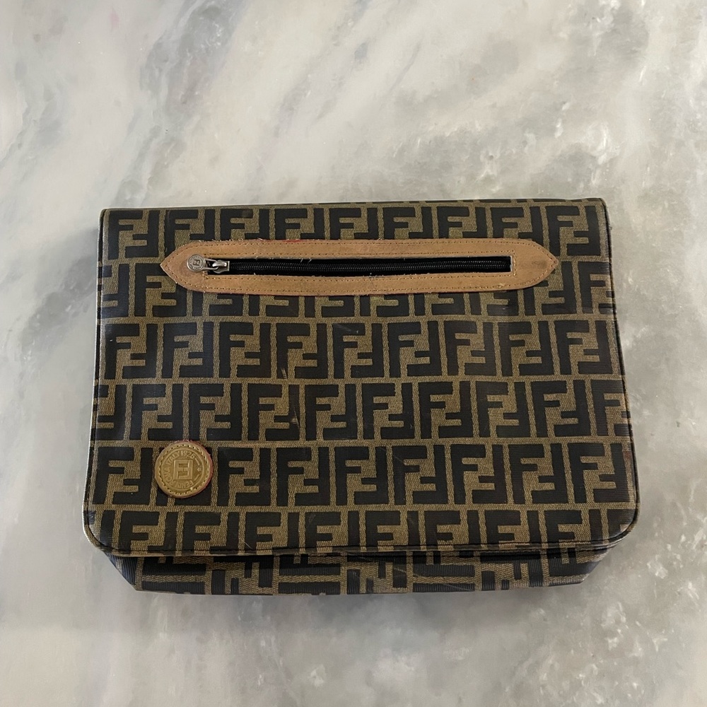 Vintage FENDI Zucca Large Document Hand Bag Pouch Canvas Leather Brown